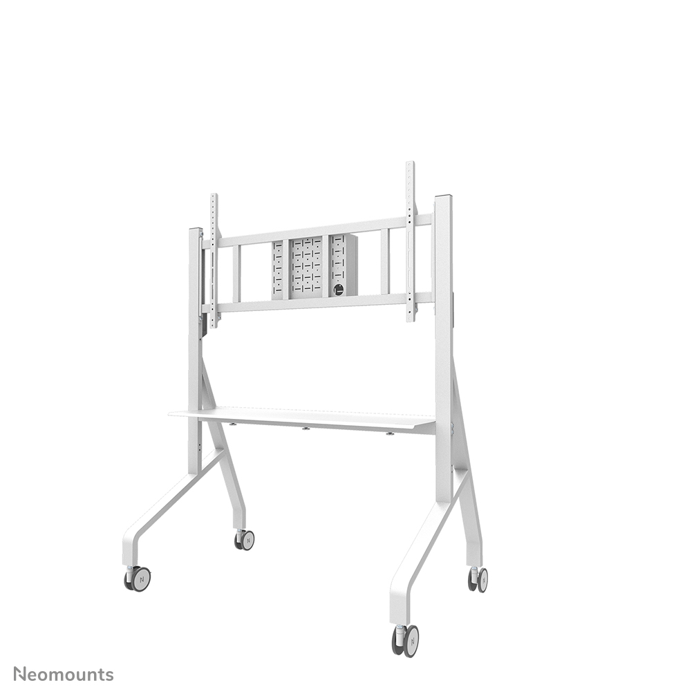 Neomounts MOVE Go XL FL50-575WH1 Carello TV - 65-110" - max 125 kg - manuale alt. 129-139 cm - VESA 100x100-1100x600 - incl. ripiano per hardware - bloccabile (escl. serratura) - certificato TÜV - modello Rapid Install incl. dima di fissaggio - Kit videobar opzionalmente disponibile - bianco